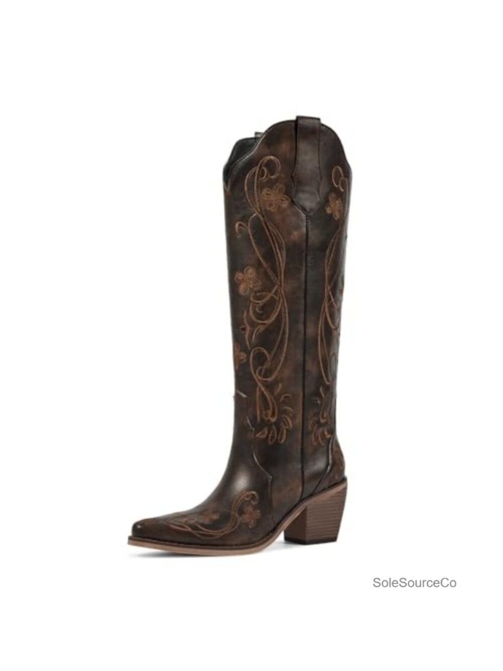 Women's Knee-High Cowboy Boots Faux Leather Embroidered Pointed Toe - Picture 1 of 4
